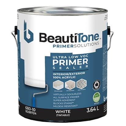 A picture of a can of BeautiTone primer that is ultra low VOC 