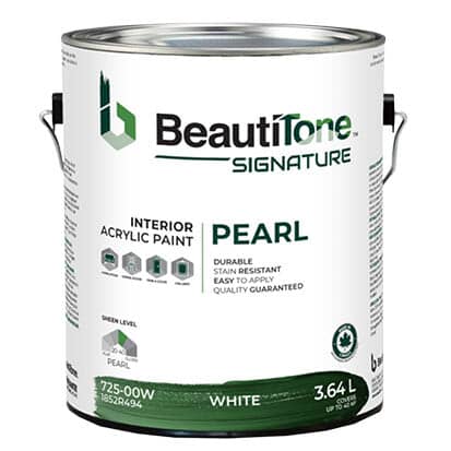 A can of BeautiTone Signature Paint with a white label showing interior acrylic paint with a pearl sheen.